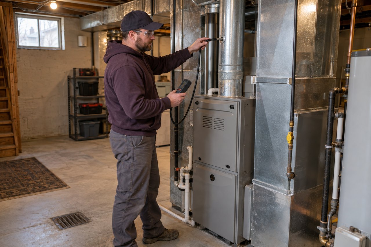 A technician holding a combustion analyzer probe in the flue pipe of a gas furnace in a basement