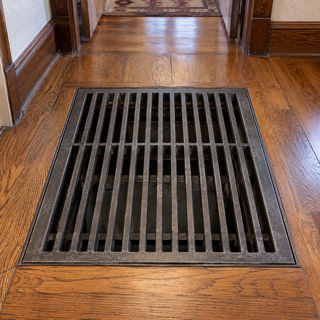 The metal floor grate of an older gas floor furnace in the hallway of a Pueblo bungalow, wood floors around it