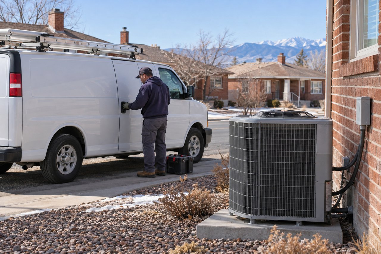 An unmarked white service van parked on a quiet Pueblo street of brick bungalows under a clear sky